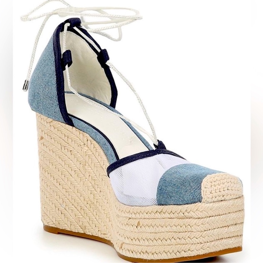 Gianni Bini Santoro two denim ankle wrap espadrille platform jean blue mesh 6